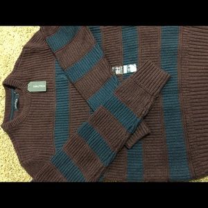 Nautica Crewneck Sweater; Brown and blue striped.